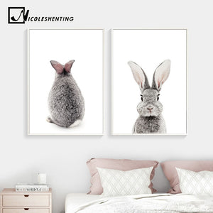 Baby Woodland Animal Rabbit Tail Canvas Funny Poster Wall Art Nursery Print Painting Nordic Kids Decoration Pictures Room Decor - SallyHomey Life's Beautiful