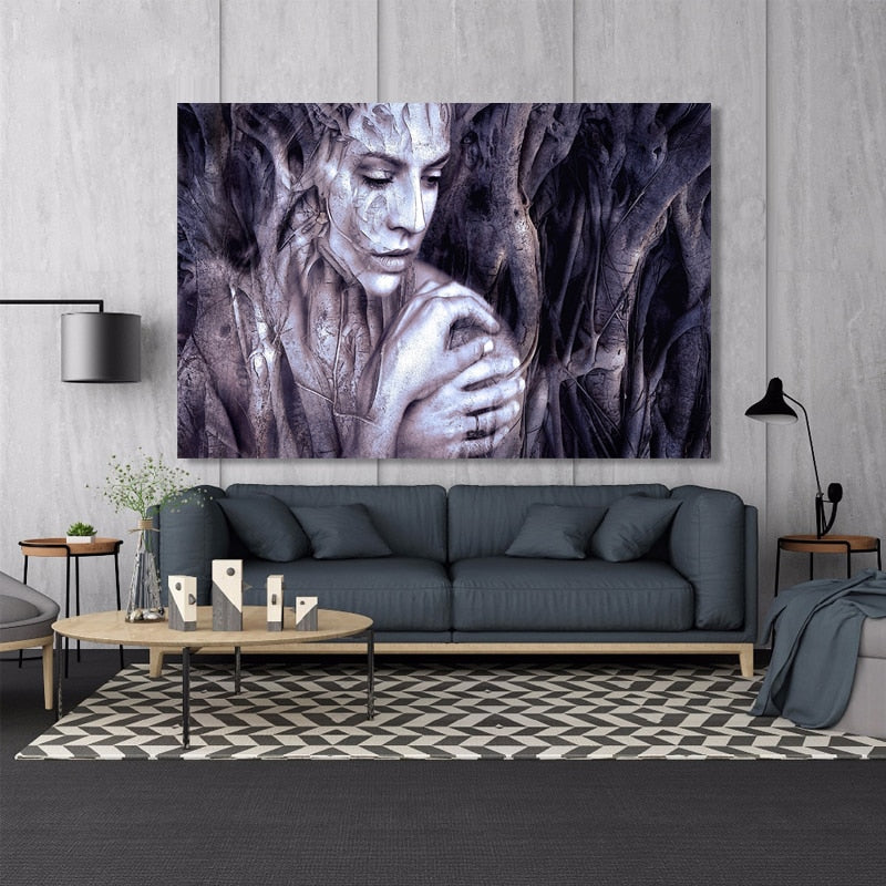 Modern Posters and Prints Wall Art Canvas Painting Wood Carving Women Portrait Decorative Painting for Living Room Home Decor - SallyHomey Life's Beautiful