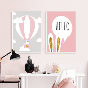 Baby Girl Nursery Wall Art Canvas Poster Print Pink Cartoon Rabbit Balloon Painting Nordic Decoration Picture Kids Bedroom Decor - SallyHomey Life's Beautiful
