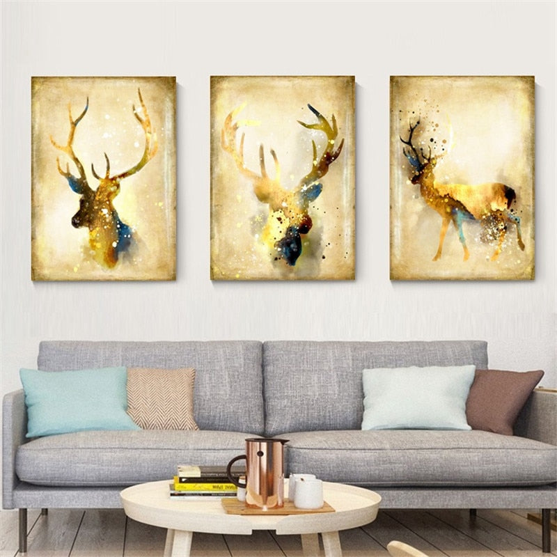 Nordic Abstract Gold Deer Elk Canvas Painting Noble - SallyHomey Life's Beautiful