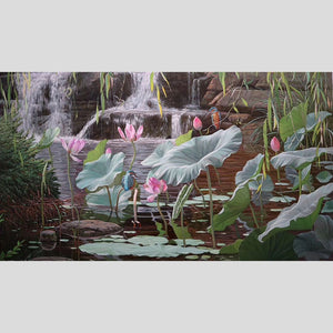 100% Hand Painted Realistic Lotus Pond Art Oil Painting On Canvas Wall Art Frameless Picture Decoration For Live Room Home Decor