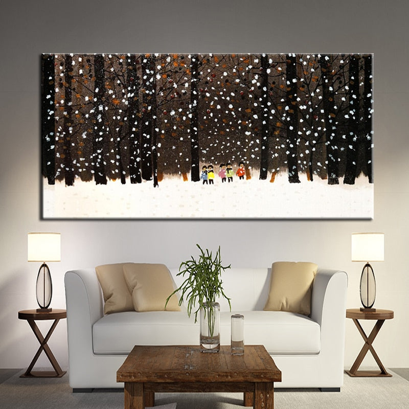 Modern Abstract Canvas Painting Children Playing in the Snow Print Poster Wall Painting Art for Living Room Home Decorative Gift - SallyHomey Life's Beautiful