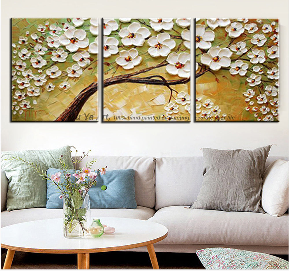 Decorative canvas painting Hand painted oil painting triptych acrylic painting palette knife painting tree for living room - SallyHomey Life's Beautiful