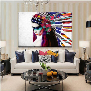 Feathered Girl Portrait Pop Art Canvas Painting Posters and Prints Wall Art Pictures for Living Room Wall Home Decoration - SallyHomey Life's Beautiful