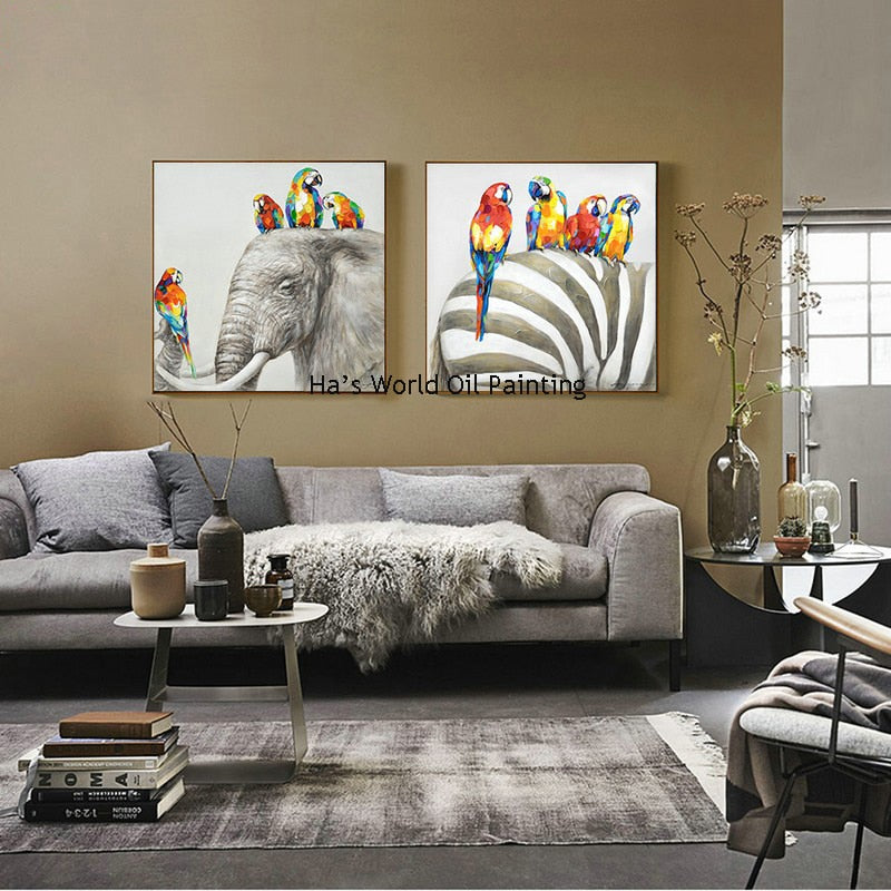 Hand Painted Oil Painting On Canvas Elephant Parrots Animals Wall Art Picture For Bedroom Living Room Home Decoration Paintings