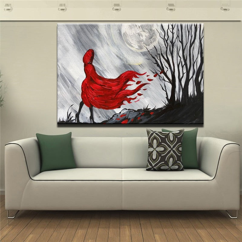 Modern Abstract Wall Decoration Canvas Painting Red Coat Girl at Night Hand Painted Poster Prints On Canvas for Living Room Gift - SallyHomey Life's Beautiful