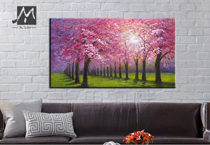 Cheap modern paintings handmade beautiful oil painting landscape pink cherry blossom tree painting wall pictures for kitchen - SallyHomey Life's Beautiful