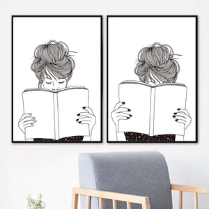 Quiet Girl Book Black White Hand Painted Wall Art Canvas Painting Nordic Posters And Prints Wall Pictures For Living Room Decor - SallyHomey Life's Beautiful