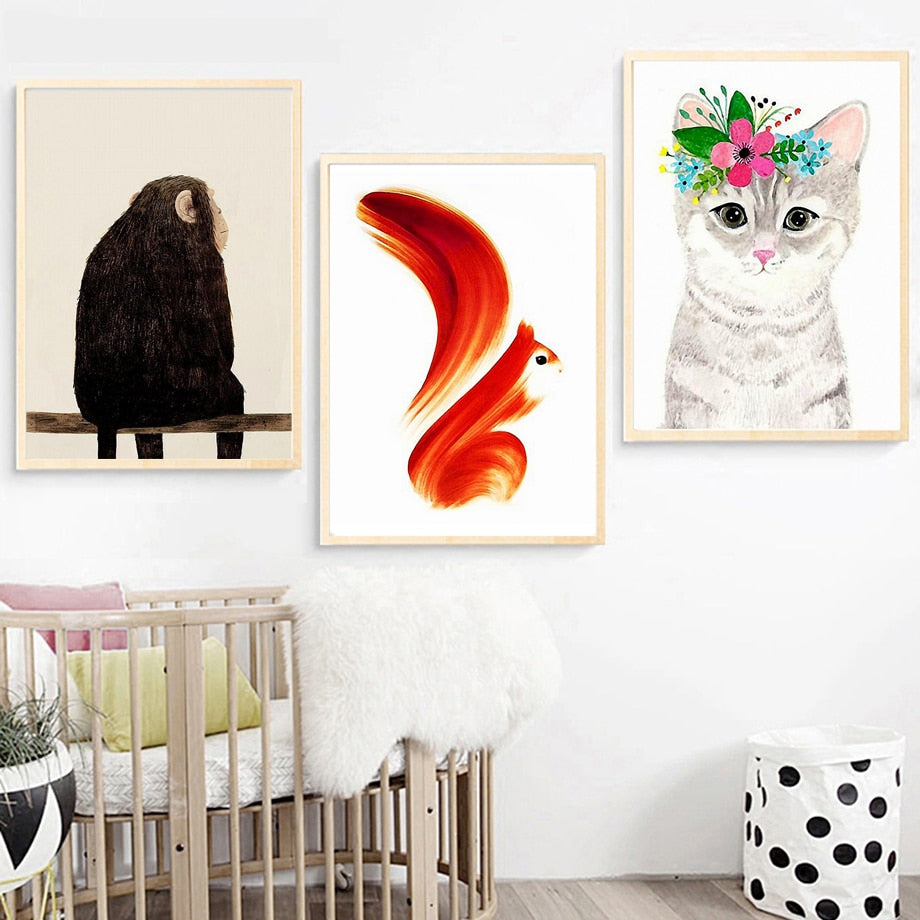 Modern Abstract Animal Posters and Prints Wall Art Canvas Printing Monkey, Cat and Squirrel Pictures For Kids Bedroom Home Decor - SallyHomey Life's Beautiful