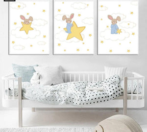 Kawaii Bunny Moon Nursery Wall Art Canvas Poster and Print Yellow Cartoon Painting Decoration Picture Nordic Kids Bedroom Decor - SallyHomey Life's Beautiful