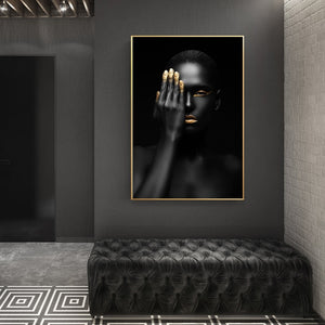Portrait Posters and Prints Wall Art Canvas Painting Dark-skinned Woman with Golden Makeup Pictures for Living Room Home Decor - SallyHomey Life's Beautiful