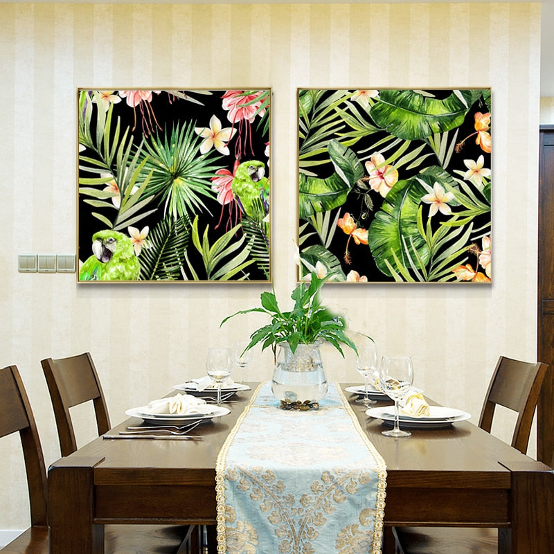 Modern Posters and Prints Wall Art Canvas Painting Green Parrots in the Flowers Decorative Paintings for Living Room Home Decor - SallyHomey Life's Beautiful