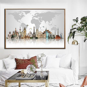 Modern World Famous Buildings Canvas Painting Big Ben Pyramids Map Print Poster Canvas Art Wall Picture Home Decor Frameless - SallyHomey Life's Beautiful