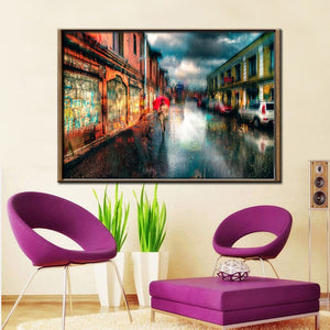 Town Street Landscape Canvas Painting Digital Printed Canvas Art Picture A Girl Walks In The Rain Oil Painting Home Decor Gift - SallyHomey Life's Beautiful