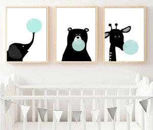 Black White Bear Elephant Bubble Wall Art Canvas Poster Cartoon Animal Nursery Print Painting Nordic Picture Kid Room Decoration - SallyHomey Life's Beautiful