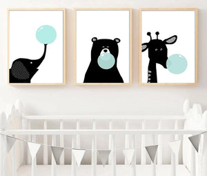 Black White Bear Elephant Bubble Wall Art Canvas Poster Cartoon Animal Nursery Print Painting Nordic Picture Kid Room Decoration - SallyHomey Life's Beautiful