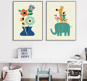 Nordic Art Cartoon Animal Poster Elephant Giraffe Tiger Minimalist Canvas Painting Nursery Picture Children Room Decoration 340 - SallyHomey Life's Beautiful