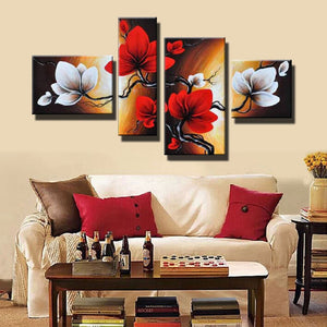 Modern Abstract Flower Oil Painting Hand Painted Red White Wall Art Canvas 4 Panel Home Decoration Picture For Living Room Sale (Sale No Framed) - SallyHomey Life's Beautiful