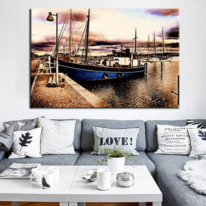 Landscape Posters and Prints Wall Art Canvas Painting Classic Abstract Boat in The Bay Pictures for Living Room Wall Home Decor - SallyHomey Life's Beautiful