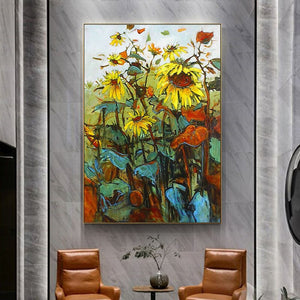 100% Hand Painted Abstract Sunflowers Art Oil Painting On Canvas Wall Art Frameless Picture Decoration For Live Room Home Decor
