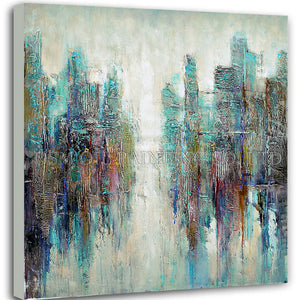 Master Artist Handmade High Quality Modern Abstract City Oil Painting on Canvas Colorful Turquoise Oil Painting for Living Room - SallyHomey Life's Beautiful