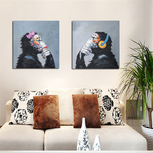 Print Modern Abstract Thinking Monkey with Headphone Cartoon Canvas Painting Animals Funny Wall Art Home Decor for Living Room - SallyHomey Life's Beautiful