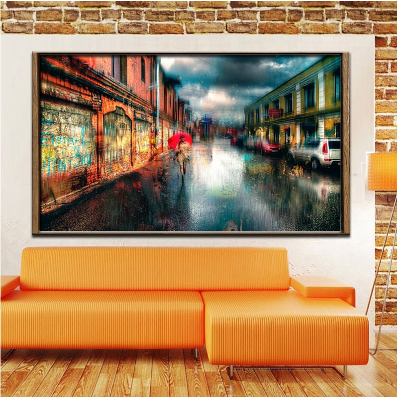 Town Street Landscape Canvas Painting Digital Printed Canvas Art Picture A Girl Walks In The Rain Oil Painting Home Decor Gift - SallyHomey Life's Beautiful