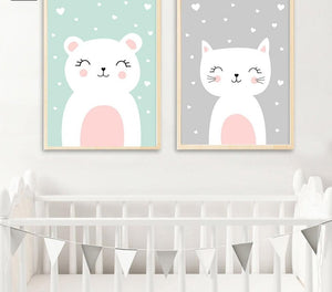 Kawaii Wall Art Canvas Nursery Poster Print Cartoon Cat Rabbit Painting Nordic Kids Decoration Picture Baby Living Room Decor - SallyHomey Life's Beautiful