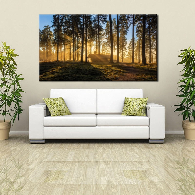70x140cm - Modern  Wall Art  Forest Sunrise Landscape - SallyHomey Life's Beautiful