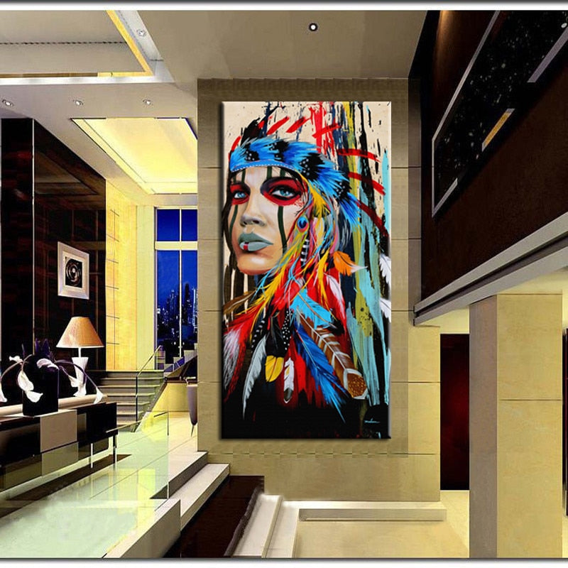Watercolor Portrait Canvas Art Wall Pictures For Living Room Indian Woman Feathered Pride Painting Home Decor Printed Frameless - SallyHomey Life's Beautiful