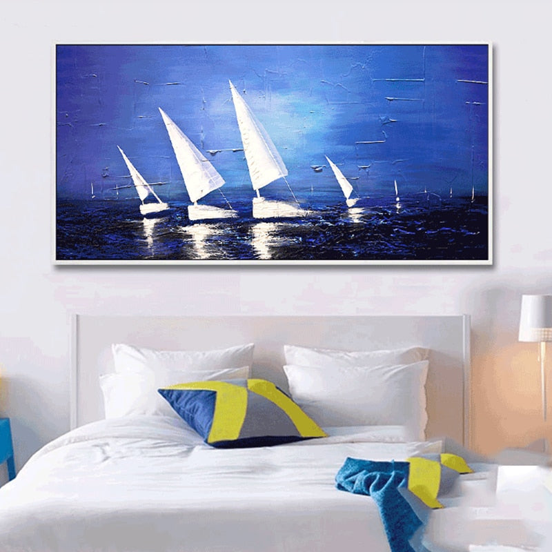 100% Hand Painted Abstract White Sailing Painting On Canvas Wall Art Frameless Picture Decoration For Live Room Home Decor Gift