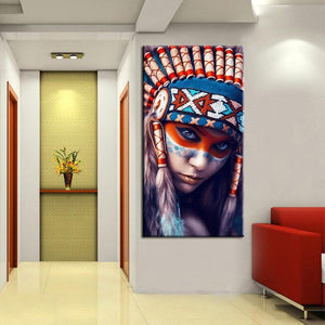 Modern Portrait Canvas Painting Feathered Pride Indian Girl Wall Art Poster For Living Room Home Decoration Frameless 70X140CM - SallyHomey Life's Beautiful