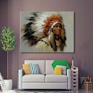 Handmade Native Indian Feathered Portrait Posters Print on Canvas - SallyHomey Life's Beautiful