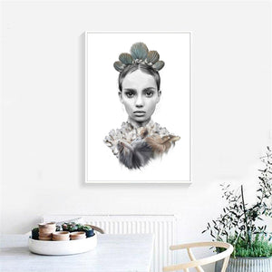 Modern Portrait Poster And Print Wall Art Canvas Painting Noble Indian Feather Art Wall Pictures For Living Room Home Decoration - SallyHomey Life's Beautiful