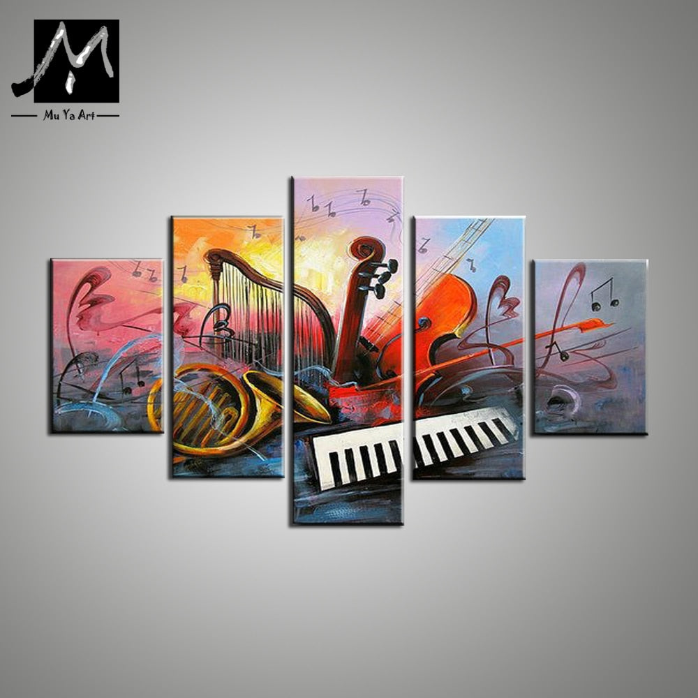 5 piece canvas art abstract paintings musical instruments painting decorative pictures hand painted oil painting for living room - SallyHomey Life's Beautiful
