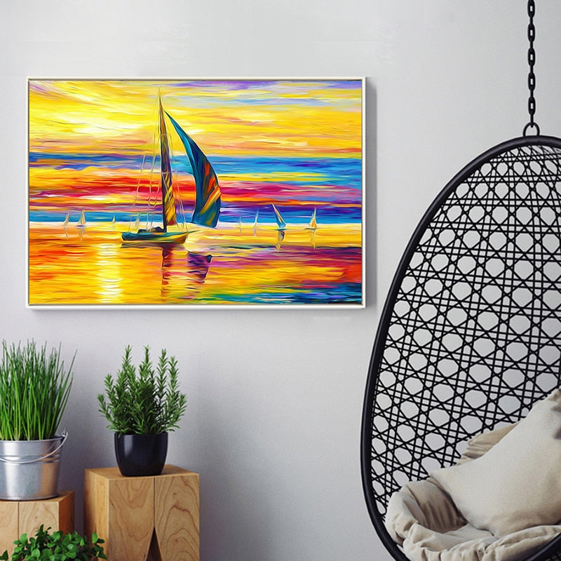 100% Hand Painted Abstract Golden Ocean Sailing Painting On Canvas Wall Art Frameless Picture Decoration For Live Room Home Deco