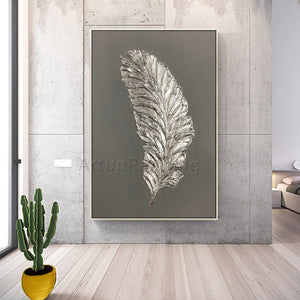Gold Feather Art Painting on Canvas Acrylic Wall Art Modern Picture Hand Painted - SallyHomey Life's Beautiful