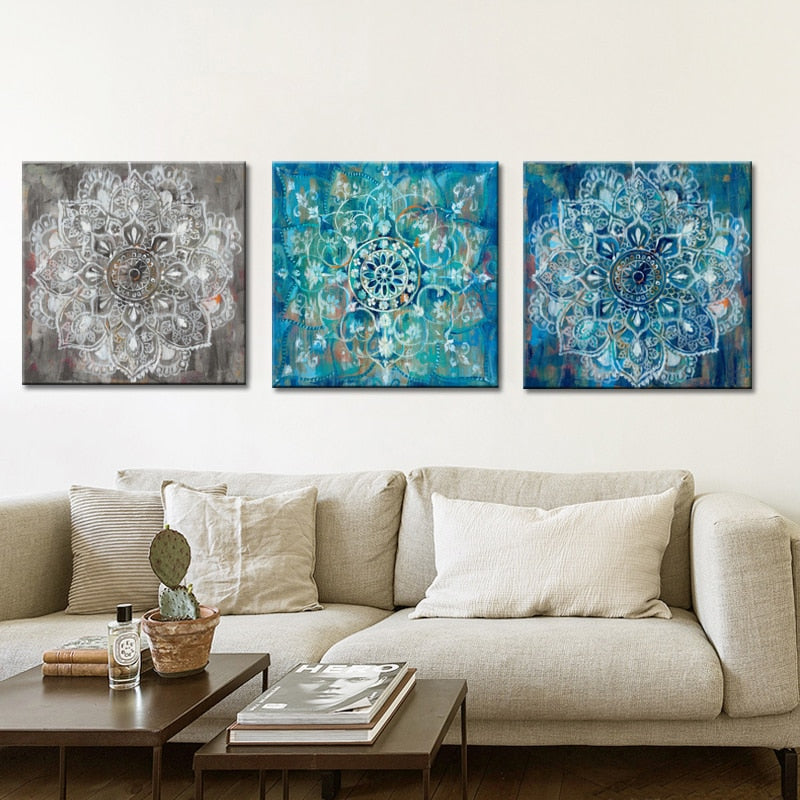 Abstract Art Posters and Prints Wall Art Canvas Painting Classic Brick Draw with Mandala Flower Picture for Living Room No Frame - SallyHomey Life's Beautiful