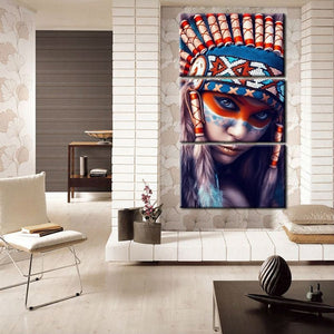 Modern 3Pcs Portrait Painting Wall Art Poster For Living Room Wall Feathered Pride Indian Girl Picture Home Decoration No Frame - SallyHomey Life's Beautiful