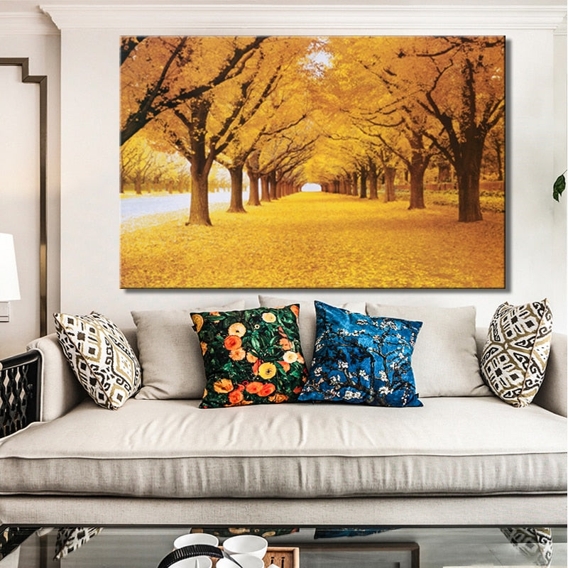 Modern Golden Trees Landscape Posters and Prints Wall Art Canvas Painting The Golden Road Pictures for Living Room home Decor - SallyHomey Life's Beautiful