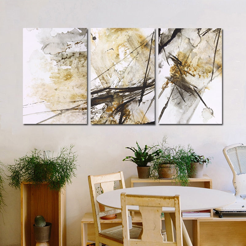 Modern Abstract Oil Painting on Canvas Wall Art Printed Posters 3 Panels Abstract Ink Decorative Paintings for Living Room Decor - SallyHomey Life's Beautiful