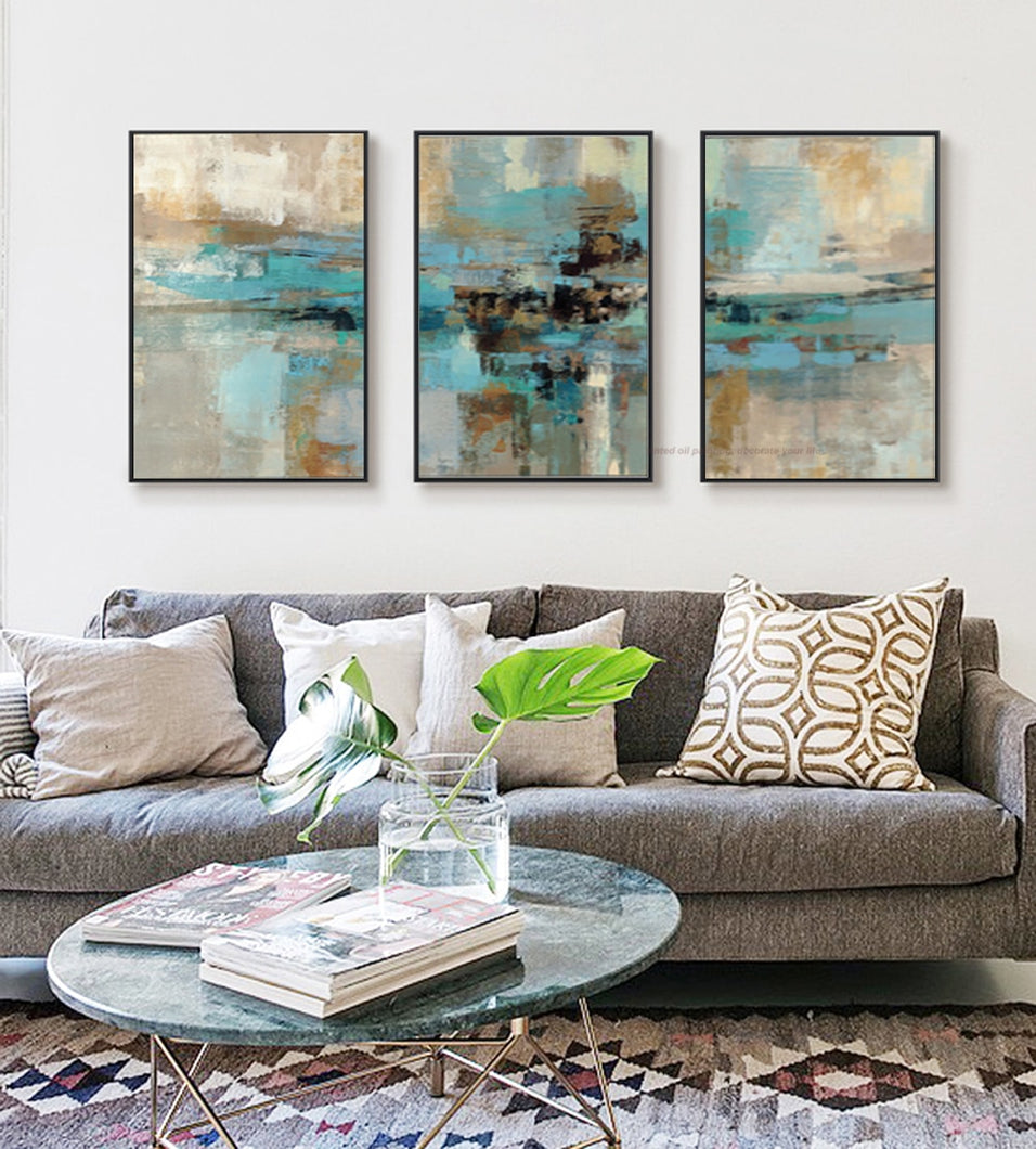 3 piece oil paintings on canvas turquoise paintings decorative wall painting canvas pictures for living room modern abstract art - SallyHomey Life's Beautiful