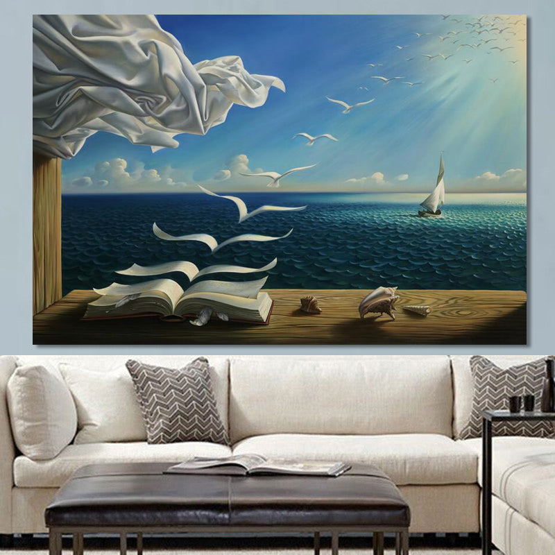 Creative Abstract Seascape Posters and Prints Wall Art Canvas Painting Flying Geeses Book Decorative Pictures for Living Room - SallyHomey Life's Beautiful