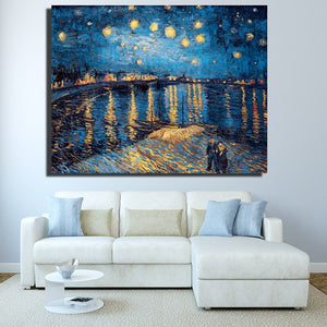 Impressionis Artist Van gogh Starry Sky of The Rhone River Oil Painting on Canvas Wall Art Canvas Picture for Living Room Decor - SallyHomey Life's Beautiful