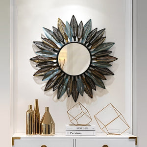 European Wrought Iron Sun Shape Decorative Mirror Wall Hanging Decoration Crafts Home Livingroom 3D Wall Sticker Mural Ornaments (style1) - SallyHomey Life's Beautiful