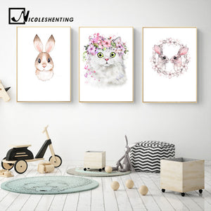 Kawaii Animal Rabbit Cat Nursery Canvas Poster Canvas Prints Wall Art Painting Wall Pictures for Children Living Room Home Decor - SallyHomey Life's Beautiful