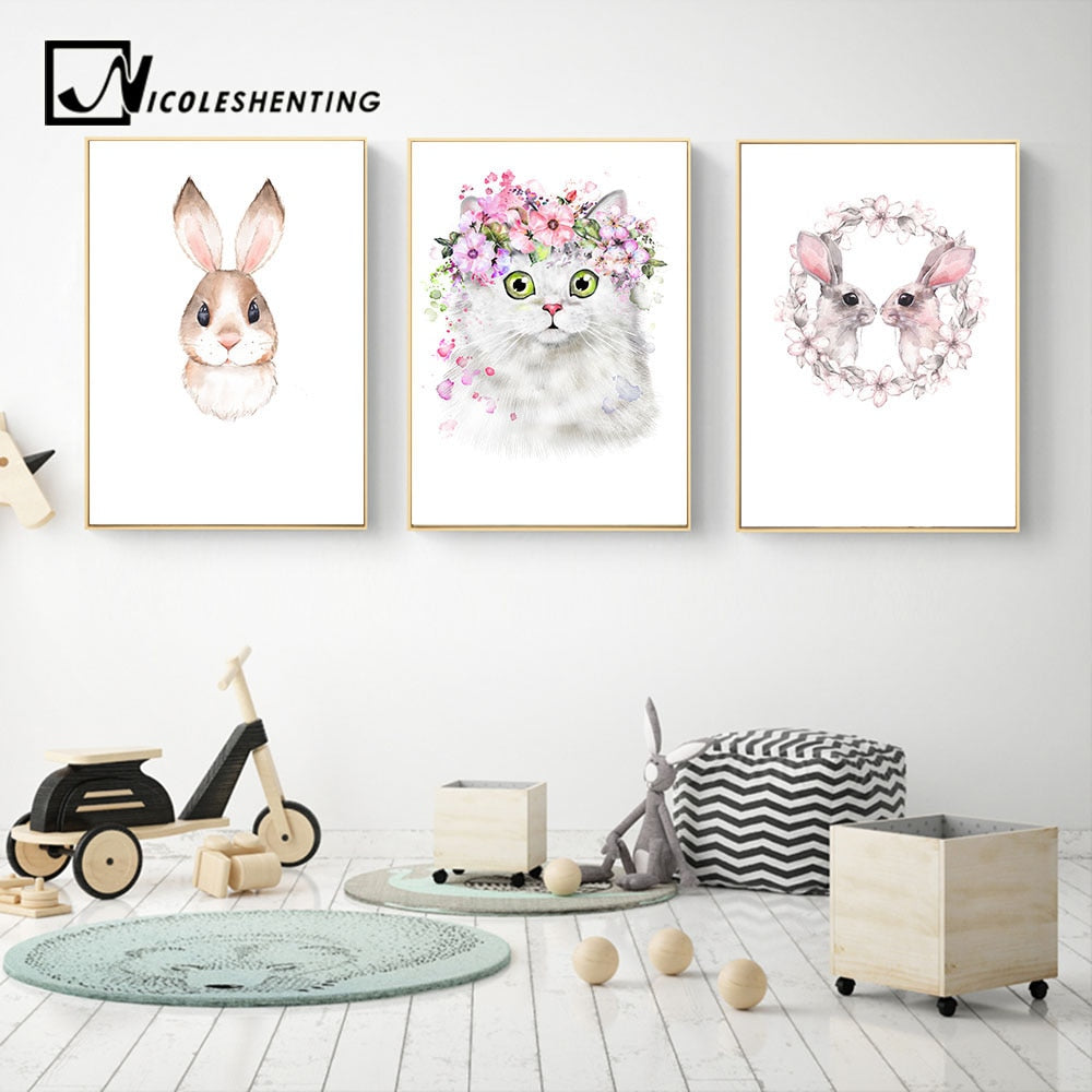 Kawaii Animal Rabbit Cat Nursery Canvas Poster Canvas Prints Wall Art Painting Wall Pictures for Children Living Room Home Decor - SallyHomey Life's Beautiful