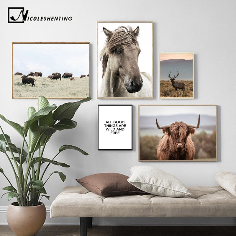 Scandinavian Poster Nordic Print Deer Horse Cattle Animal Wall Art Canvas Painting Wild Field Nature Picture Living Room Decor - SallyHomey Life's Beautiful