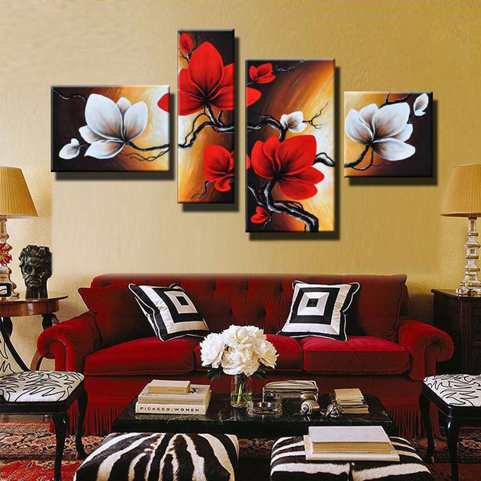 Modern Abstract Flower Oil Painting Hand Painted Red White Wall Art Canvas 4 Panel Home Decoration Picture For Living Room Sale (Sale No Framed) - SallyHomey Life's Beautiful