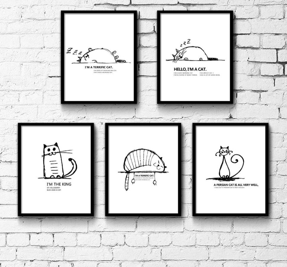 Cartoon Lazy Cat Minimalist Art Canvas Nursery Poster Painting Funny Wall Picture Home Children Room Decoration - SallyHomey Life's Beautiful